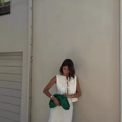 Conjunto de dos piezas formado por top y falda con tirantes, sin mangas, de lino y algodón, informal, de verano para mujer
