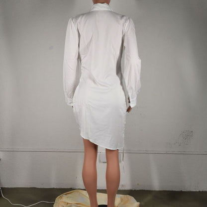 Women Fashion Casual Long Sleeve Solid Color Drawstring Hem Shirt Dress