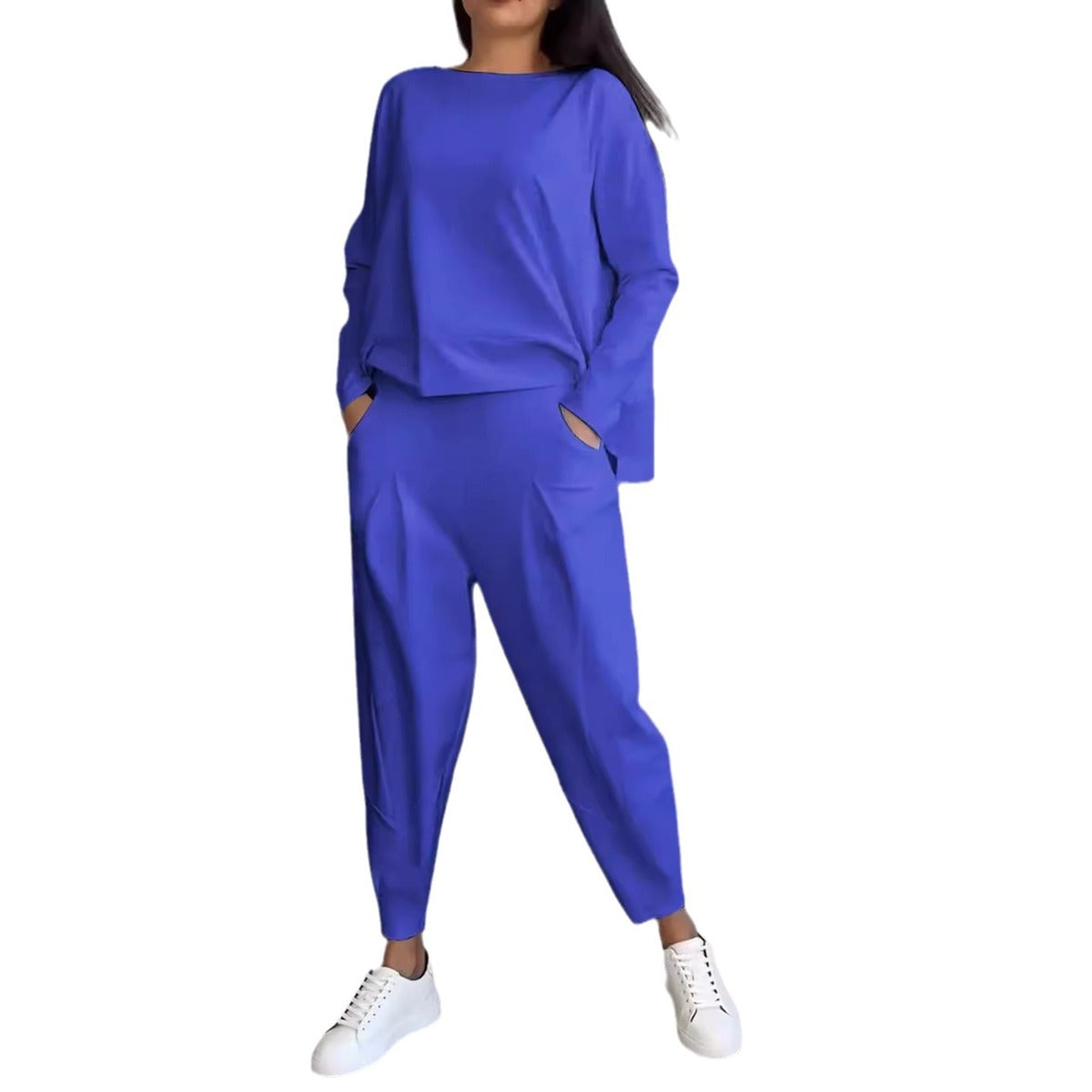 Conjunto de dos piezas de top y pantalón de manga larga con cuello redondo y color liso para mujer