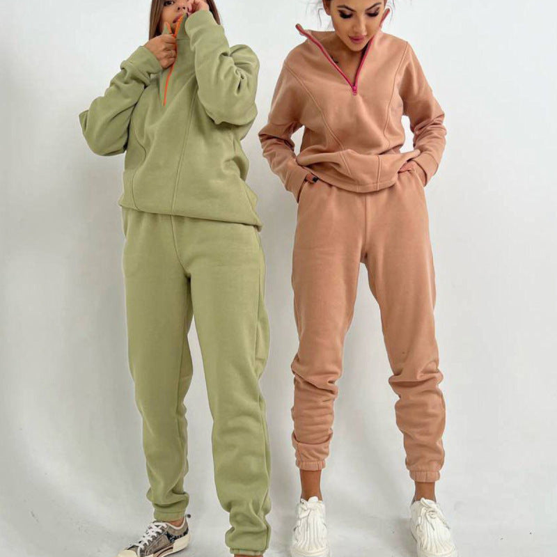 Conjunto de dos piezas de suéter y pantalones de manga larga con cremallera y solapa informal para mujer Otoño Invierno