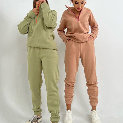 Conjunto de dos piezas de suéter y pantalones de manga larga con cremallera y solapa informal para mujer Otoño Invierno