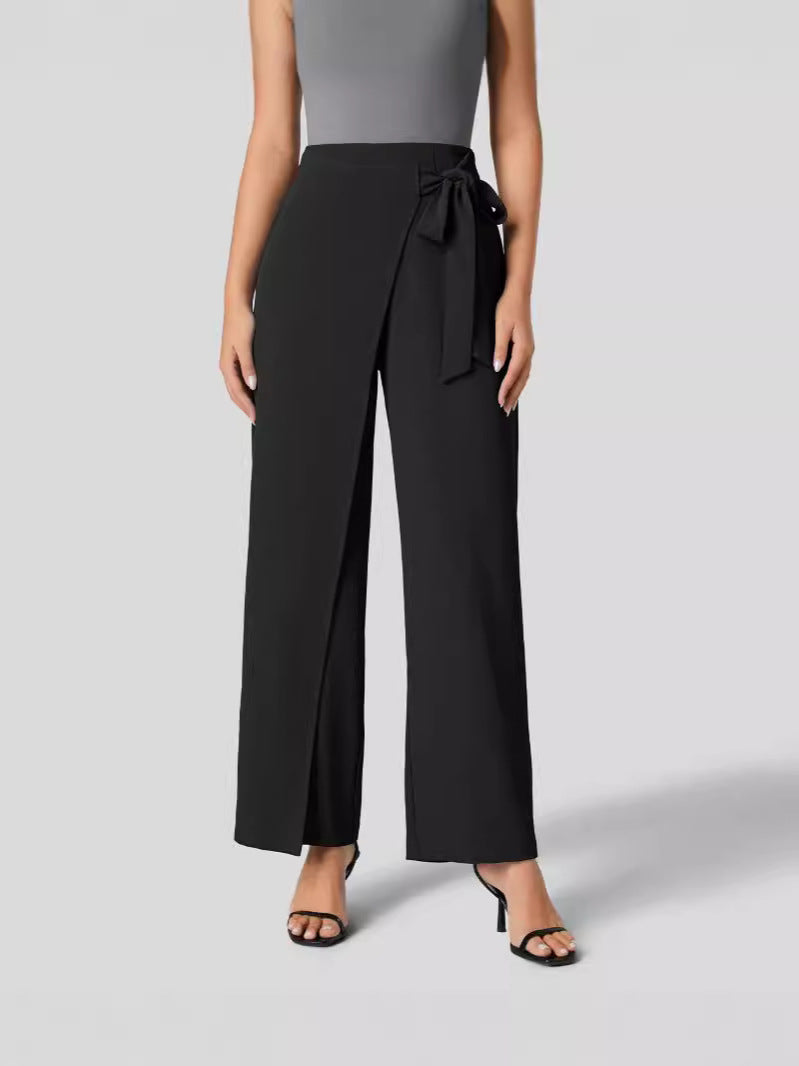 Women Fashion Casual Solid Color Lace-Up Wide Leg Pants