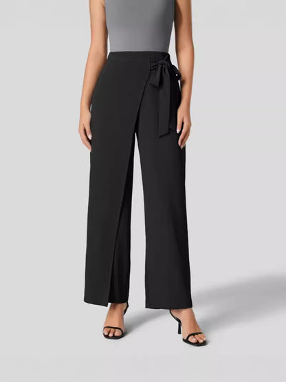 Women Fashion Casual Solid Color Lace-Up Wide Leg Pants