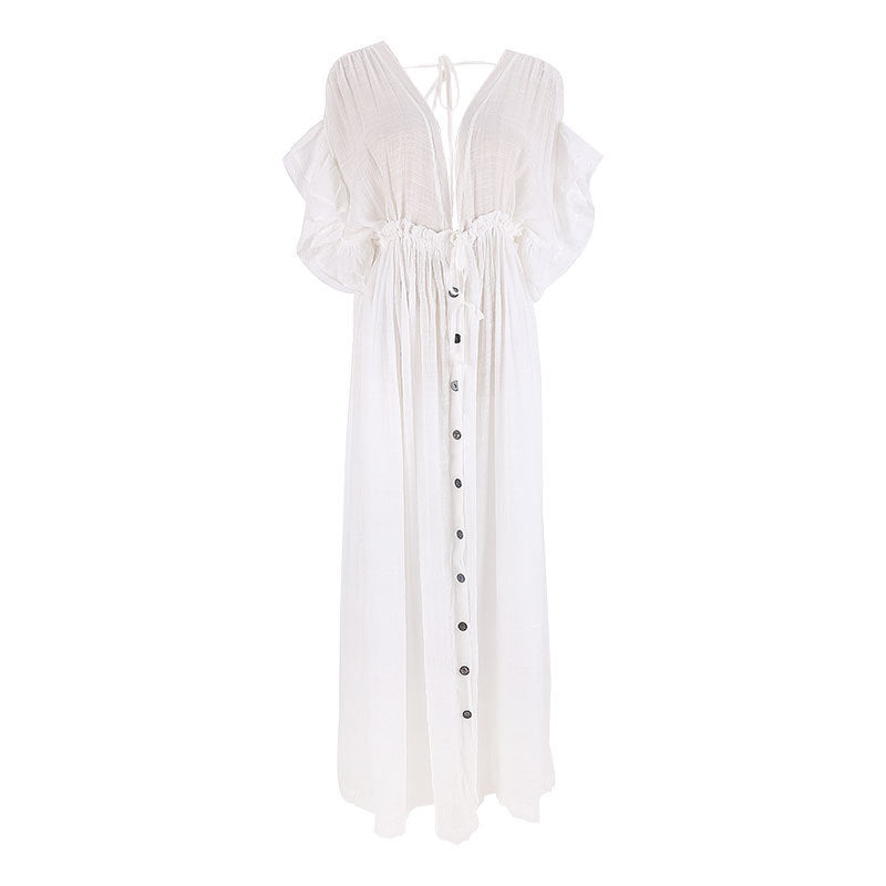 Traje de baño de playa informal holgado con cuello en V y manga corta de color liso para mujer