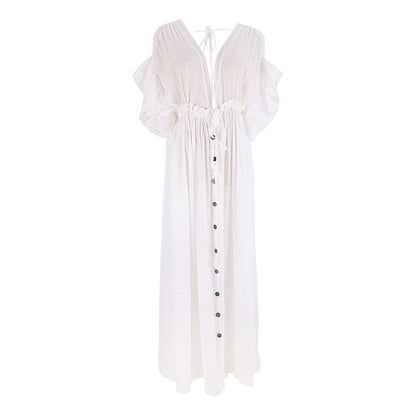 Traje de baño de playa informal holgado con cuello en V y manga corta de color liso para mujer