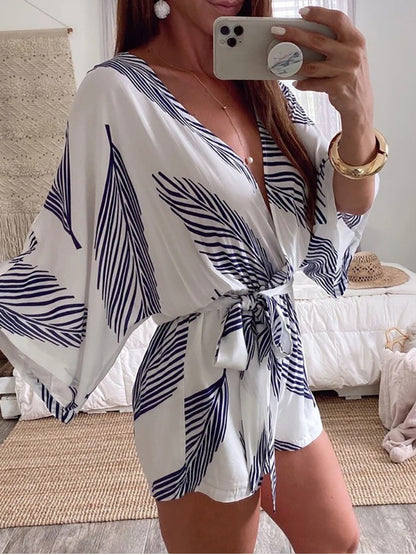 Women Elegant Casual Leaf Print Shorts Sleeve Bandage Summer Wide Leg Beach Rompers