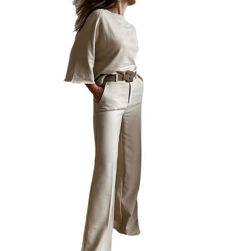 Summer Spring Casual Solid Color Blouse Pants Set
