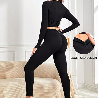 Conjunto de dos piezas de pantalones ajustados deportivos de yoga con cuello redondo y manga larga para mujer
