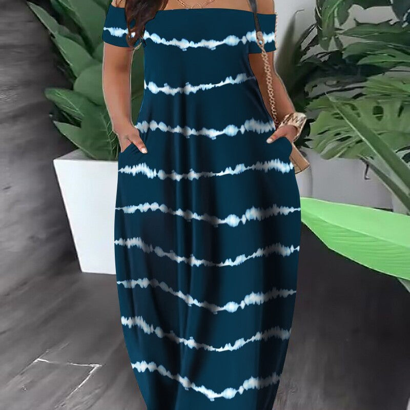 Women Casual Fashion Short Sleeve Off-Shoulder Graphic Printed Maxi Dress