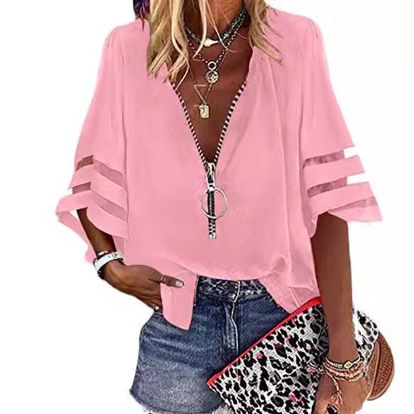 Blusa informal de mujer con cuello en V, media cremallera y mangas acampanadas