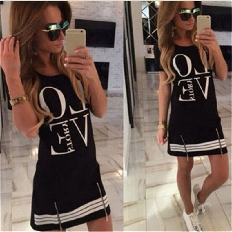Women Casual Letter Print Fashion Round Neck Short Sleeves Zipper Loose Dress