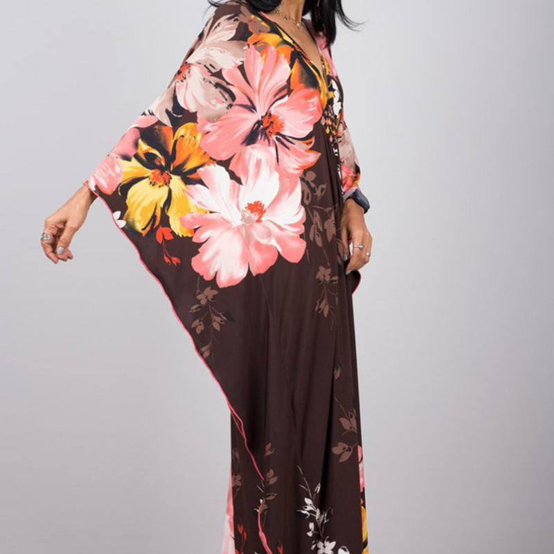 Polyester Printed Loose Woven Robe Vacation Casual Beach Bikini Coverup Women Loose Dress