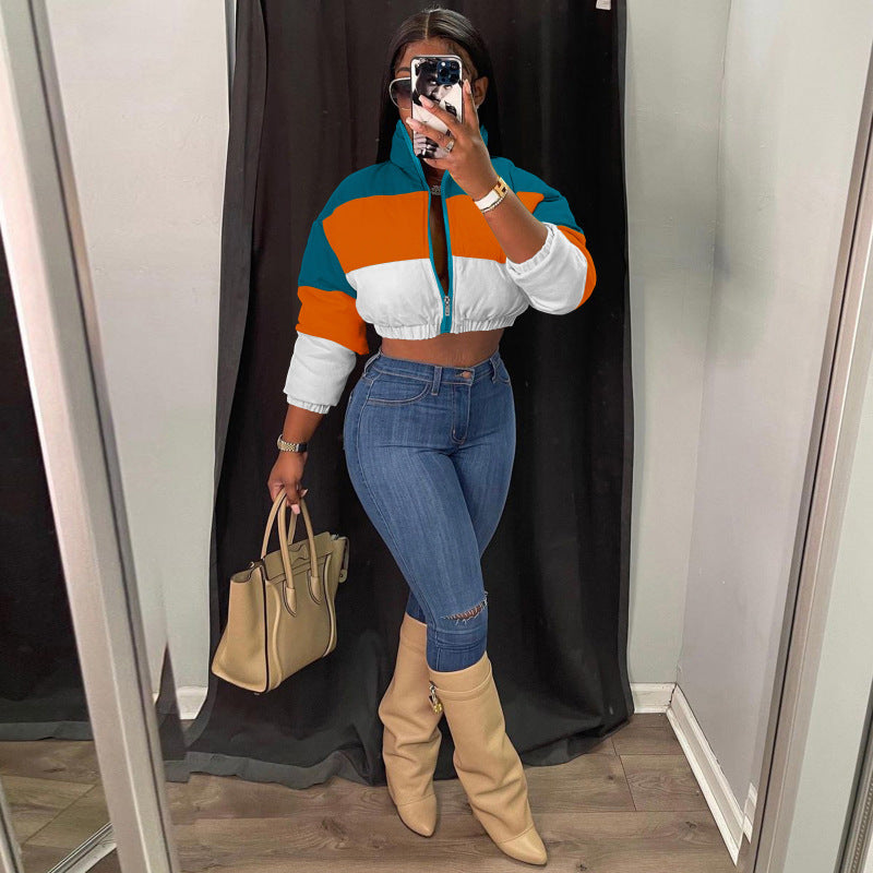 Autumn Winter Women Loose Casual Color-Matching Long-Sleeve Short Cotton-Padded Coat