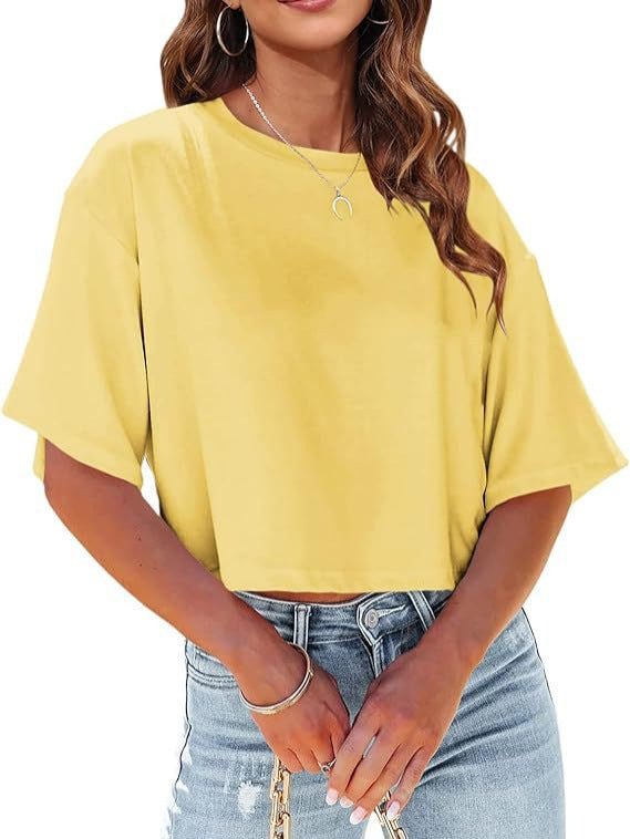 Camiseta básica informal de media manga con estampado de color liso para mujer