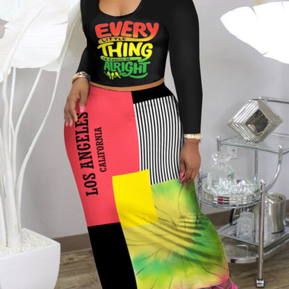 Conjunto de dos piezas formado por top y falda de manga larga, estampado de letras y rayas, informal, a la moda para mujer, talla grande