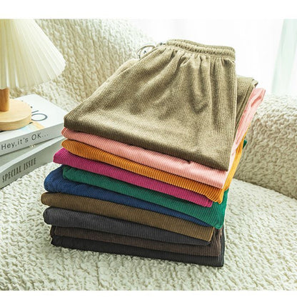 Women Loose Casual High Waist Solid Color Corduroy Wide-Leg Pants