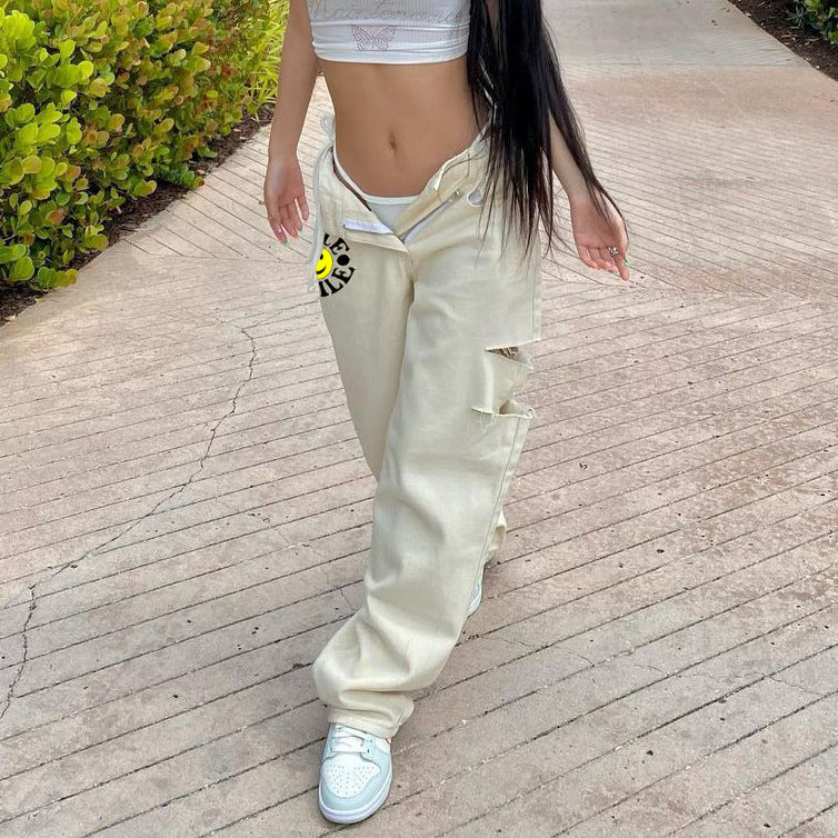 Vaqueros de pierna ancha con estampado de letras rasgadas e informales para mujer