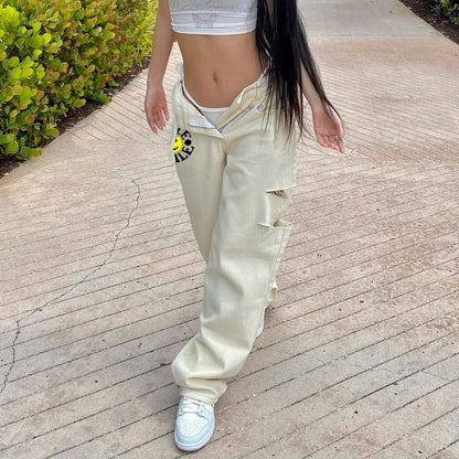 Vaqueros de pierna ancha con estampado de letras rasgadas e informales para mujer