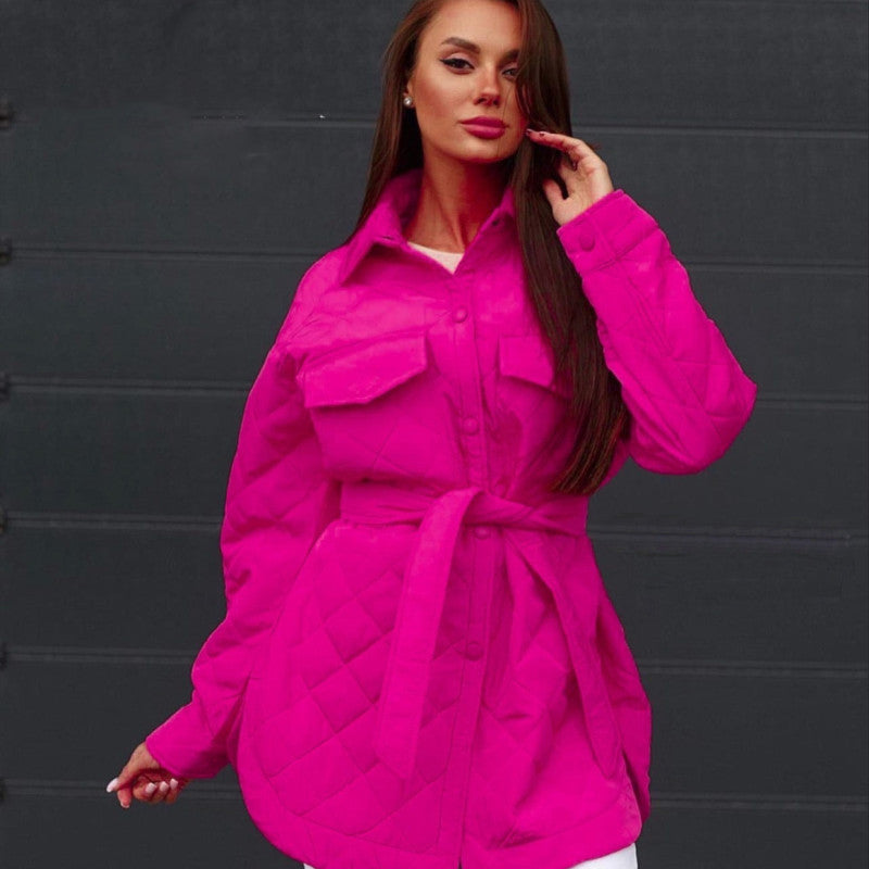 Autumn Winter Women Fashion Casual Loose-Breasted Lapel Warm Rhombic Quilted Jacket Coat
