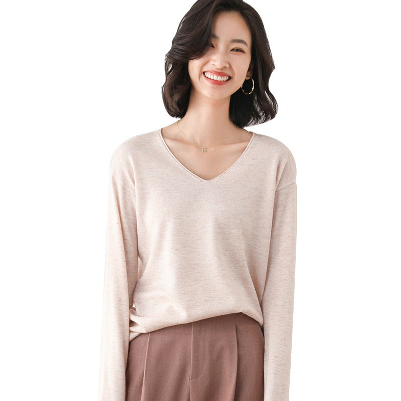 Women Fashion Casual Solid Color Round Neck V-Neck Long Sleeve Sweater