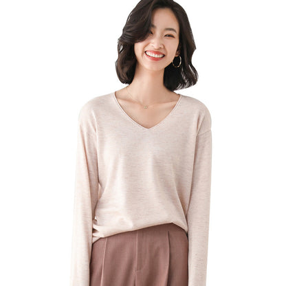 Women Fashion Casual Solid Color Round Neck V-Neck Long Sleeve Sweater