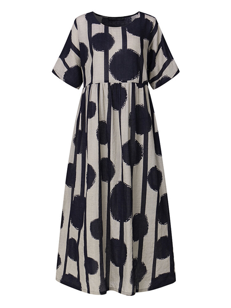 Women Casual Elegant Polka Dot Print Round Neck Short Sleeves Plus Size Loose Dress