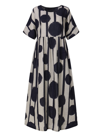 Women Casual Elegant Polka Dot Print Round Neck Short Sleeves Plus Size Loose Dress