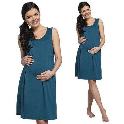 Pregnant Women Casual Loose Solid Color Sleeveless Breastfeeding Dress