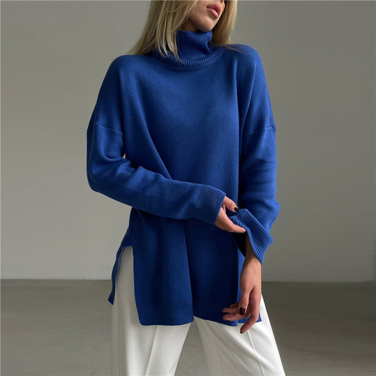 Women Casual Fashion Autumn Winter Loose Turtleneck Solid Color Long-Sleeveside Slit Sweater