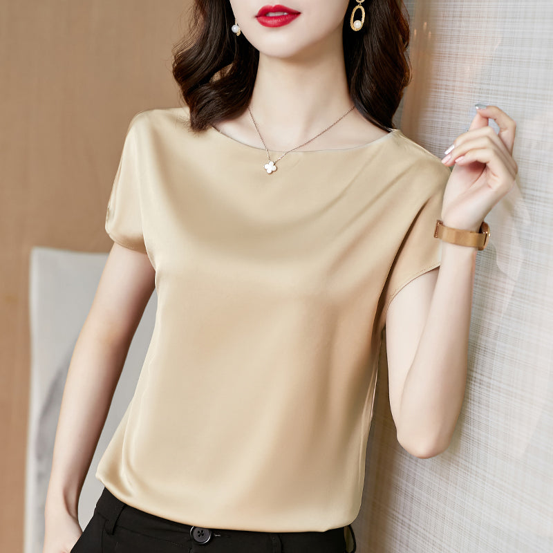 Blusa holgada informal de satén de color liso de manga corta para oficina de verano para mujer
