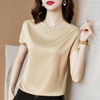 Blusa holgada informal de satén de color liso de manga corta para oficina de verano para mujer