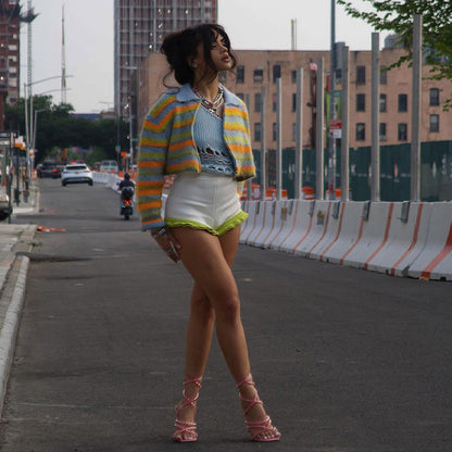 Chaqueta tipo cárdigan de punto con rayas y bloques de color, informal, a la moda para mujer