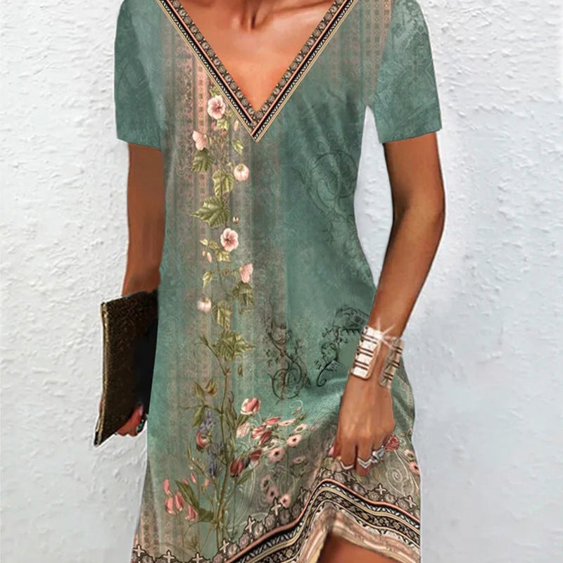 Women'S Retro Print Casual V-Neck Short Sleeve Dress