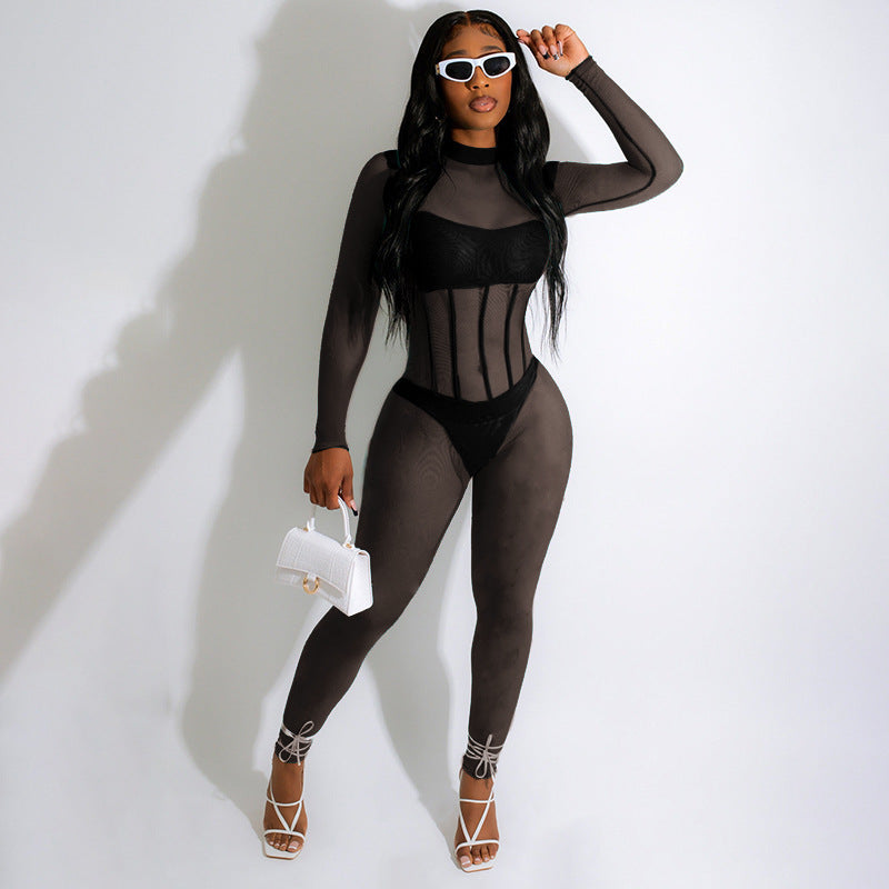 Women Sexy Solid Color Round Neck Long Sleeve Mesh Slim Fit Casual Jumpsuits