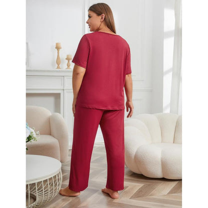 Women Casual Large Size Solid Color Short Sleeve Top And Pants Pajamas Set