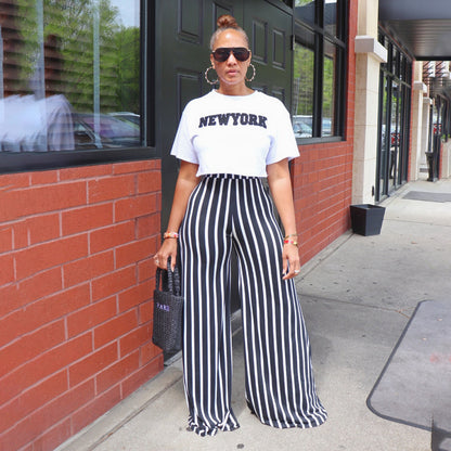 Pantalones anchos de cintura alta con estampado de rayas informales a la moda para mujer