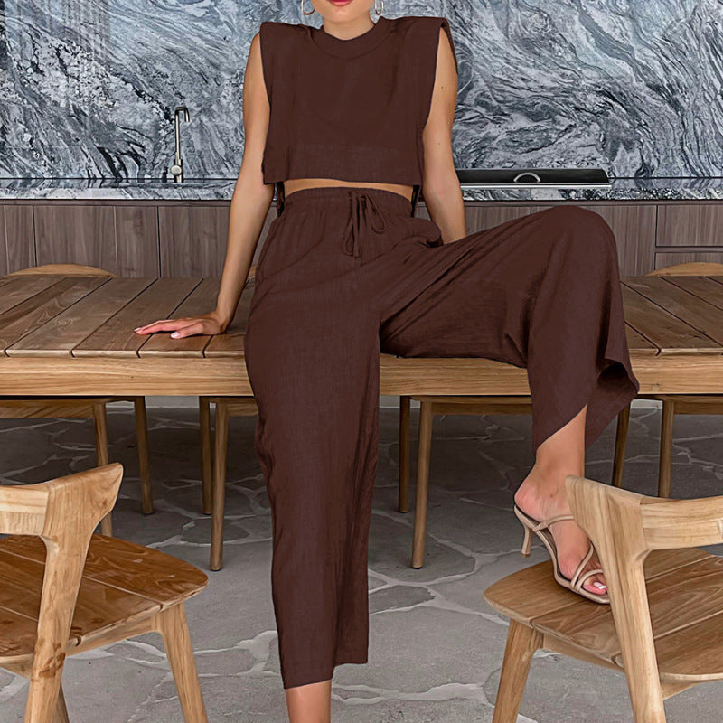 Conjunto de blusa y pantalón de lino y algodón de color liso para mujer, informal, a la moda, para vacaciones