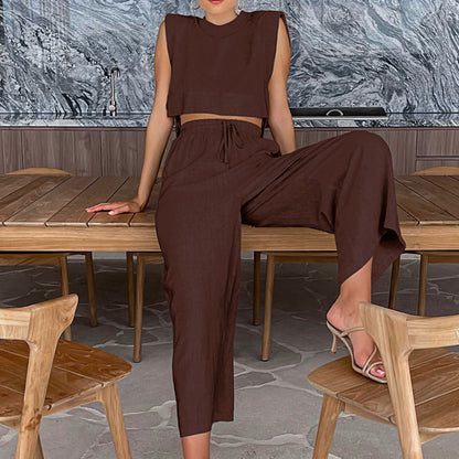 Conjunto de blusa y pantalón de lino y algodón de color liso para mujer, informal, a la moda, para vacaciones