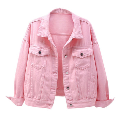 Spring Women Casual Edgy Solid Color Loose Long-sleeved Single-breasted Denim Jacket