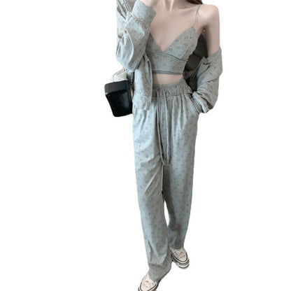 Conjunto de tres piezas informal holgado con top de tirantes estampado y abrigo y pantalón de manga larga para mujer