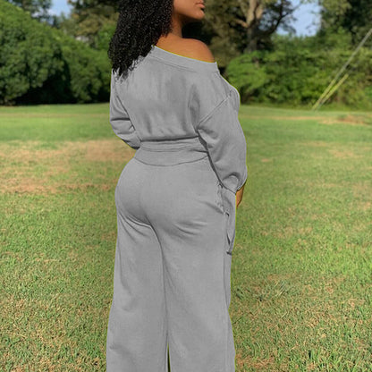 Conjunto de sudadera y pantalones de manga larga de color liso informal a la moda para mujer