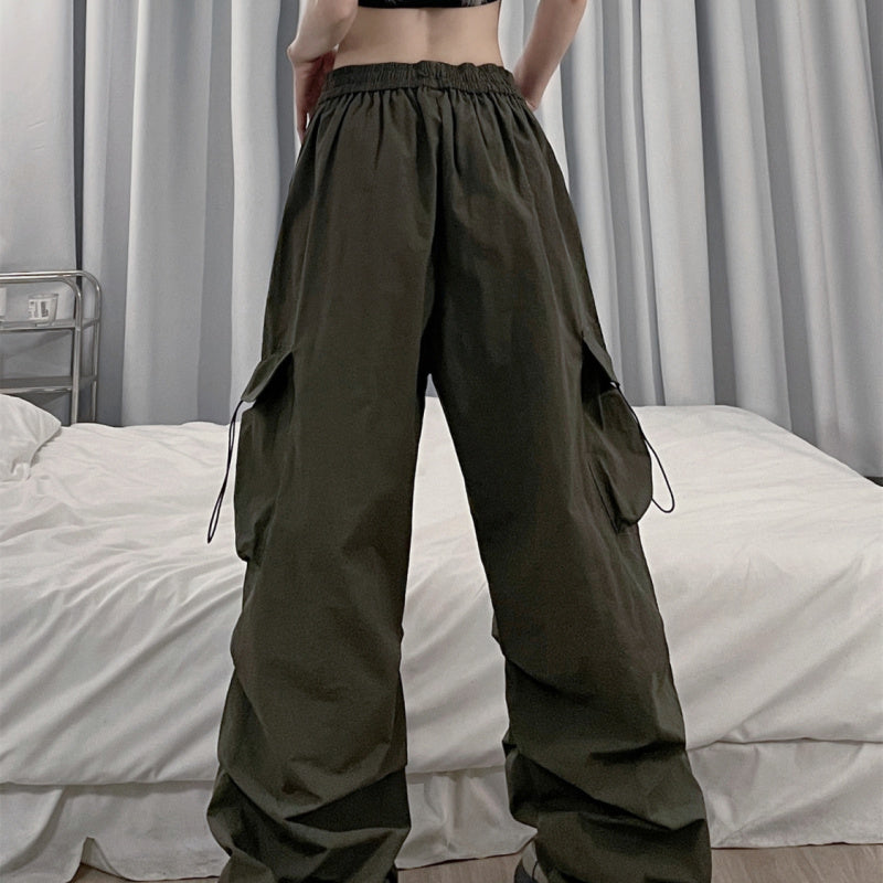 Retro Casual Women Straight Loose Wide-Leg Solid Color Side Pocket Cargo Pants