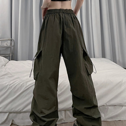 Retro Casual Women Straight Loose Wide-Leg Solid Color Side Pocket Cargo Pants