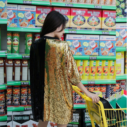 Camiseta informal de manga corta con lentejuelas y largo medio para mujer