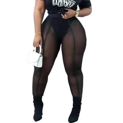 Conjunto de dos piezas de camiseta informal de manga corta con cuello redondo y leggings de malla transparente sexys para mujer