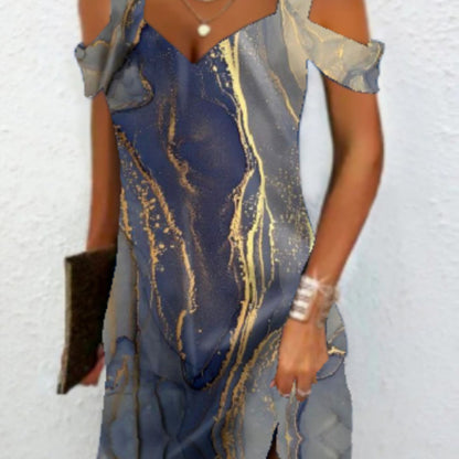 Women Fashion Casual Marble Printed Cool-Shoulder Dress