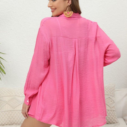 Women Casual Solid Color Plus Size Long Sleeve Shirt Loose Shorts Two-Piece Set