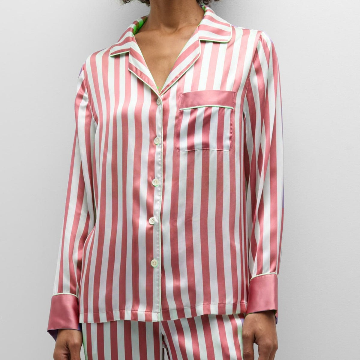 Conjunto de pijama de dos piezas para mujer, informal, a rayas, con solapa, manga larga, pantalones holgados