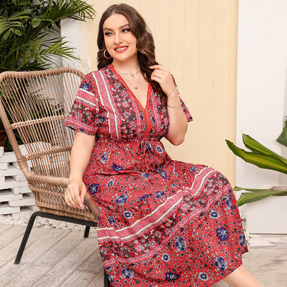 Vestido largo informal floral de manga corta con cuello en V estilo bohemio de talla grande para mujer