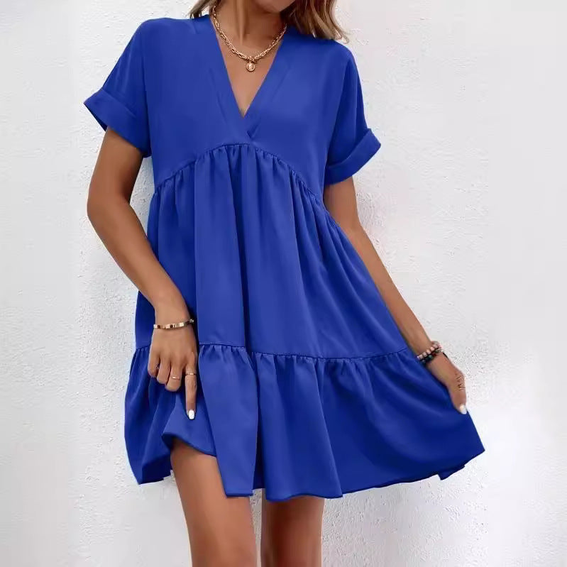 Vestido informal de verano para mujer, con escote en V y manga corta, estilo swing grande